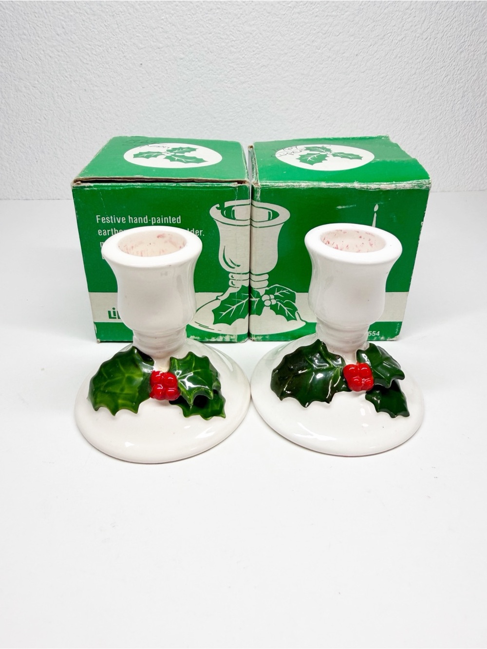 Vintage 60s Lillian Vernon Hand Painted Holly Earthernware Candle Holders